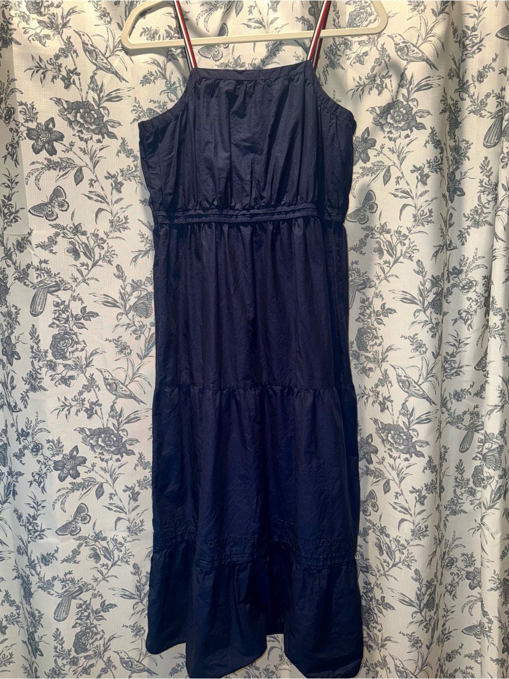 Tommy Hilfiger Navy Blue Tiered Maxi Dress with Red-Trim Straps